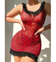 Arias Closet Sırt Dekolteli Kırmızı Leoparlı Gecelik
