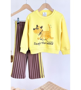 Simply Köpek Baskılı Şerit Detaylı Bol Paça Unisex Çocuk 2’li Takım - Sarı