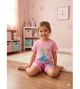 Cg Kids Frozen Elsa Sim Baskılı Tshirt & şort Kız Çocuk Alt Üst Takım Süper Kalite (Pembe)