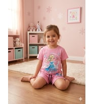 Cg Kids Frozen Elsa Sim Baskılı Tshirt & şort Kız Çocuk Alt Üst Takım Süper Kalite (Pembe)