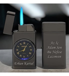 Kişiye Özel Çift Yön Baskı Turbo Jet Işıklı Saatli Çakmak -Kutulu ve Hediye Paketinde