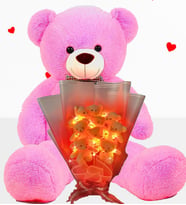 Hediye Sevgiliye 90cm Büyük Ayıcık ve Ledli 9 Ayıcıklı Ayıcık Buketi Peluş Set (Fuşya)