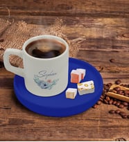 BK Gift Kişiye Özel Mavi Sunum Tabaklı Çiçek Tasarımlı Türk Kahvesi Fincanı Model 24