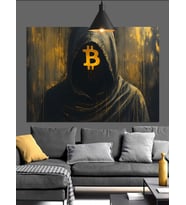 Bitcoin Logolu Kapüşonlu Adam Silüeti Dekoratif Kanvas - Mdf Ahşap Tablo