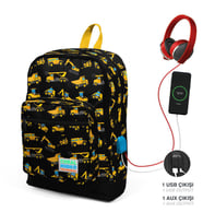 Coral High Kids Siyah Sarı İş Makinesi Desenli Dört Bölmeli USB Şarjlı Kulaklık Çıkışlı Okul Sırt Çantası 23288