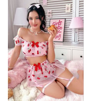 Fantezia Night Kadın Pembe Kiraz Desenli ve Fiyonk Detaylı Fantezi Kostüm 2263