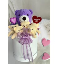 SOLE Anneler  Gününe ÖZEL: Premium Özel Hediye Kutusunda  25 cm Lila Ayıcık ve  5 adet Krem Peluş Minik Ayıcık Buketi (Kırmızı)