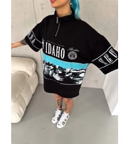 Kadın Baskılı Yarım Fermuarlı Kısa kol T-Shirt - Siyah