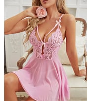 Lily Bianca İnce Askılı Dantelli Pembe Transparan Mini Gecelik -959