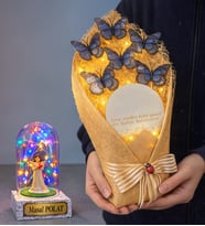Kişiye Özel Renkli Işıklı Fanus ve Led Işıklı Aynalı Mavi Kelebek Buketi Hediye Seti (Model 4)
