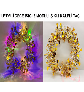 Kalp Püsküllü Gece Parıltısı 3 Modlu LED&amp;#39;li Işıklı Taç Altın Renk