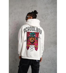 Erkek 3 İplik Pamuklu Kapüşonlu Baskılı Cepli Oversize Sweatshirt Hoodie - Beyaz