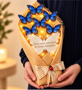 LED Işıklı Aynalı Mavi Kelebek Buketi 35 cm Sevgiliye Romantik Hediye