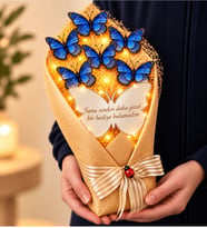 LED Işıklı Aynalı Mavi Kelebek Buketi 35 cm Sevgiliye Romantik Hediye
