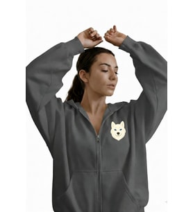 Kadın Beyaz Husky Baskılı Oversize Fermuarlı Hoodie (Gri)