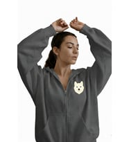 Kadın Beyaz Husky Baskılı Oversize Fermuarlı Hoodie (Gri)