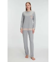 Kadın Gri Uzun Kollu Cep Detaylı Pijama Takımı (Renksiz)