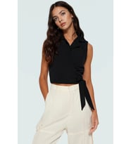 Keten Görünümlü Crop Bluz Ceket Yaka Kalın Askılı Yazlık Rahat Kullanım (Siyah)