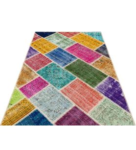 Fuşya Çok Renkli Geometrik Patchwork Desenli Modern El Dokuma Salon Halısı Yatak Odası