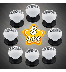 8 Adet Hanımeli Kulp Beyaz Polimer Düğme Kulp Siyah Tablalı Mobilya Mutfak Dolabı Çekmece Kulbu Kulpları
