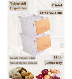 2’li Bambu Renk Tekerlekli Patateslik Soğanlık Oyuncak Kutusu Patates Soğan Sepeti Motek 33 Lt