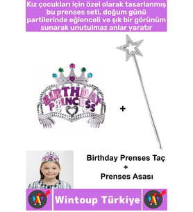 Eğlenceli Kız Çocuk Doğum Günü Birthday Princess Taşlı Detaylı Prenses Taç Sihirli Asa 2li Özel SET