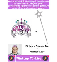 Eğlenceli Kız Çocuk Doğum Günü Birthday Princess Taşlı Detaylı Prenses Taç Sihirli Asa 2li Özel SET