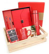 Ahşap Kasalı Kişiye Özel Kutulu Defter Kalem Seti & 500 ml Dereceli Kırmızı Çelik Termos & Mutlu Yıllar Kupa & Alerya Yılbaşı Filtre Kahve Hediye Seti