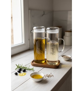 Ahşap Standlı 2’li Cam Yağdanlık Seti 1200 ML – Kulplu Borosilikat Yağlık & Sirkelik