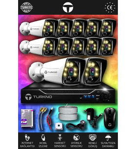 TURKNO 12 Kameralı Karie 12 Dış Kamera Set HDD'siz Full HD Renkli Gece Görüşlü Güvenlik Kamerası Sistemi