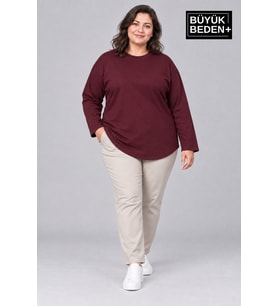 Süperlife Kadın Büyük Beden Bisiklet Yaka Süprem İnce Uzun Kollu Oval Etek Tişört SPR26BTSK943