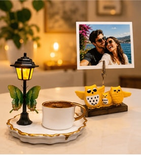 Kişiye Özel Fotoğraflı Baykuş Fotoğraf Tutucu ve Sokak Lambalı Premium Kahve Fincanı