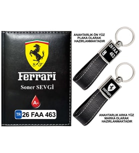 Plakanıza Özel Ferrari Logolu Siyah Ruhsat Kabı ve Anahtarlık