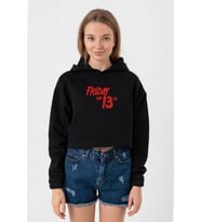 Friday The 13th Letter Logo Siyah Kadın Crop Kapşonlu