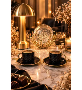 Doğum Günü, Özel Gün, Yeni İş, Yeni Ev Hediyesi Gold Kulplu İkili Porselen Fincan, Kristal Obje ve Masa Lambası Seti