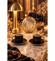 Doğum Günü, Özel Gün, Yeni İş, Yeni Ev Hediyesi Gold Kulplu İkili Porselen Fincan, Kristal Obje ve Masa Lambası Seti