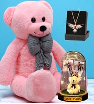 Büyük Boy Pembe Peluş Ayıcık, Kişiye Özel Led Işıklı Fanus ve Renkli Zümrüdü Anka Kuşu Kolye (Model 1)