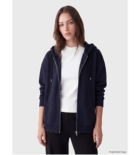 LCW Modest Lacivert Kapüşonlu Oversize Kadın Kalın Fermuarlı Sweatshirt
