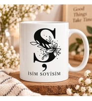 Kişiye Özel Baş Harf ve İsim Yazılı Çiçek Motifli Ş Harfli Seramik Kupa Bardak