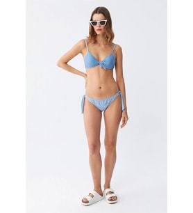 Kadın Yandan Bağlamalı Yarım Destekli Fiyonklu Alt Üst Bikini Takım Buz Mavisi