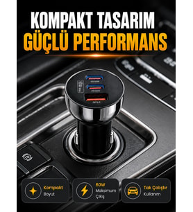 60W Araç İçi Hızlı Şarj Adaptörü Çift USB-C PD ve USB-A QC3.0