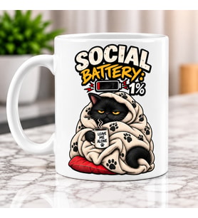 İngilizce Sosyal Batarya %1 Yazılı Komik Kedi Desenli Porselen Kupa Bardak - Asosyal Kişilere Hediye