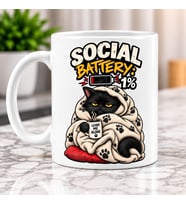 İngilizce Sosyal Batarya %1 Yazılı Komik Kedi Desenli Porselen Kupa Bardak - Asosyal Kişilere Hediye
