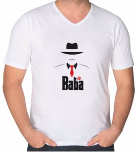BK Gift Baba Godfather Tasarımlı V Yaka Tişört-17 (Beyaz)