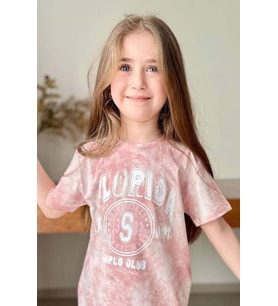 Kız Çocuk Florida Yazı Baskılı Penye T-Shirt Pudra Şortlu Takım