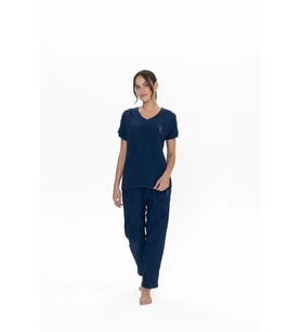 U.S. Polo Assn. Kadın Kısa Kollu V Yaka Alt Üst Pijama Takım (Lacivert)