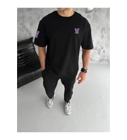 Unisex Bisiklet Yaka Baskılı Oversize T-Shirt - Siyah
