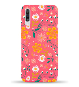Samsung Galaxy A70 Uyumlu Lansman Kılıf Çiçek Tasarımlı İçi Kadife Kapak-Neon Pembe (Şeffaf)