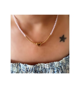 PEMBE BONCUKLU KALP ÇELİK KOLYE 40+5CM-GOLD RENK ACR6067