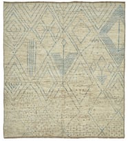 Mavi Halı Bej Zemin Üzeri Geometrik Desenli Yün Pamuk El Dokuma Modern Salon Halısı Etnik Stil
